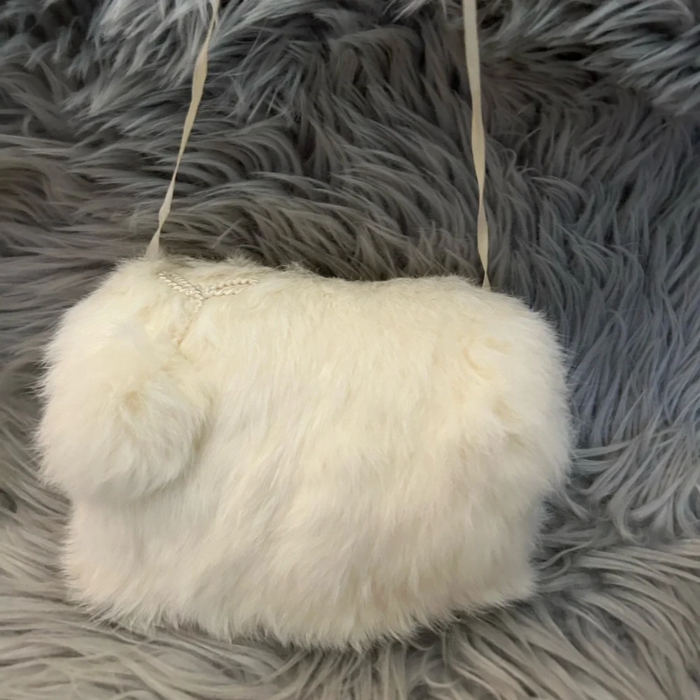 Girls Elegant Vintage White Rabbit Fur Hand muff, Satin lining, 8 inches Long
